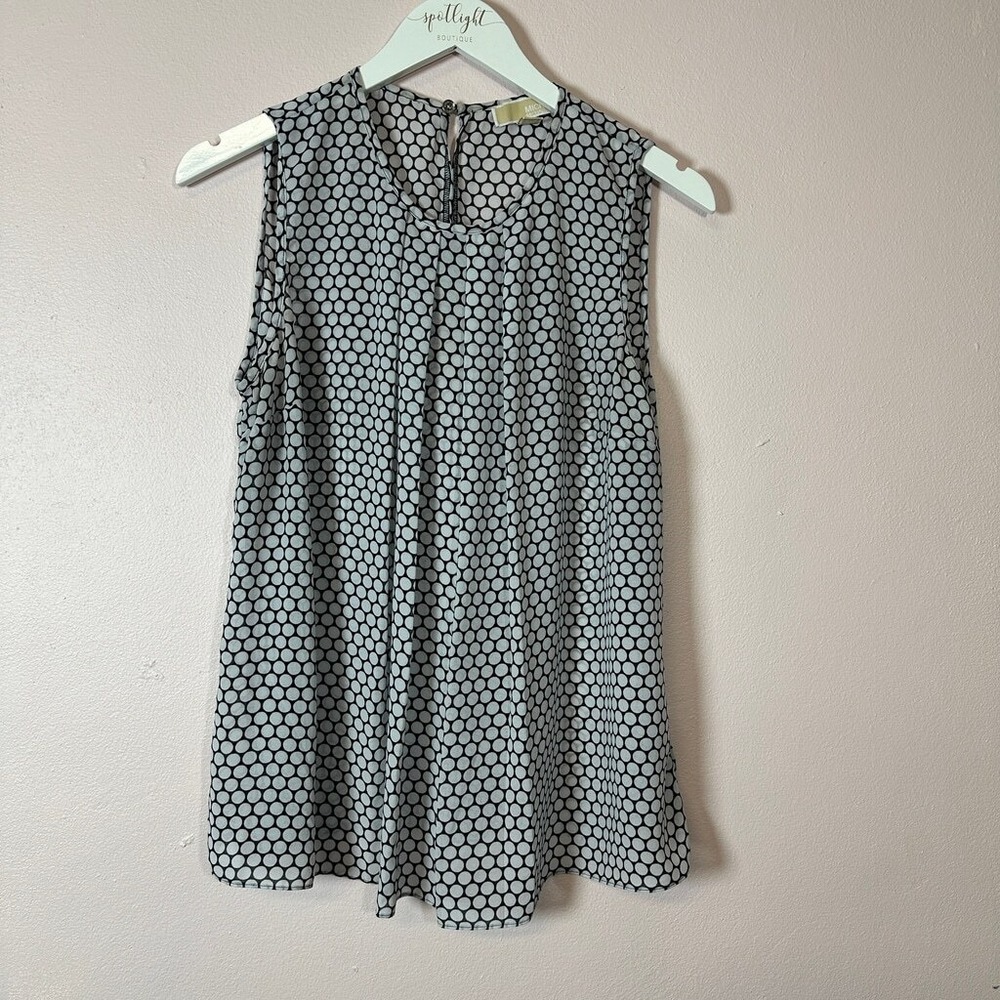 MICHAEL KORS Black White Polka Dot‎ Pleated Sleeveless Blouse L